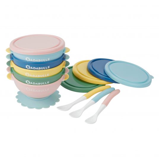 Badabulle 13 pcs learning to eat set 5 non-slip bowls with lids + 3 spoons