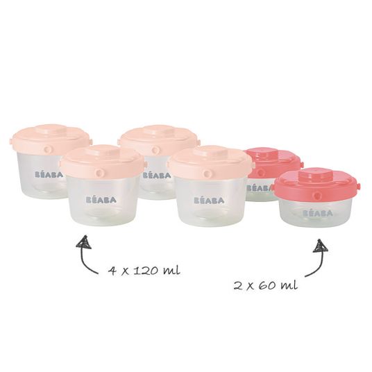 Beaba Stacking Portion Cups - Pack of 6 60 ml & 120 ml - Rose Pink