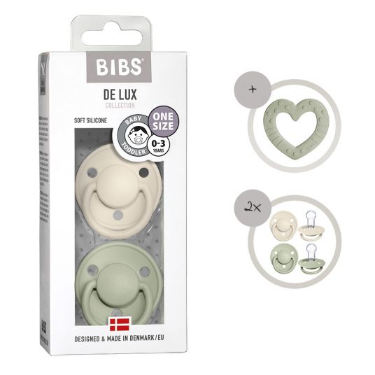 Bibs 3-piece Starter Set - De Lux Pacifier 2-pack Silicone + Teether Baby Bitie Heart - Ivory / Sage