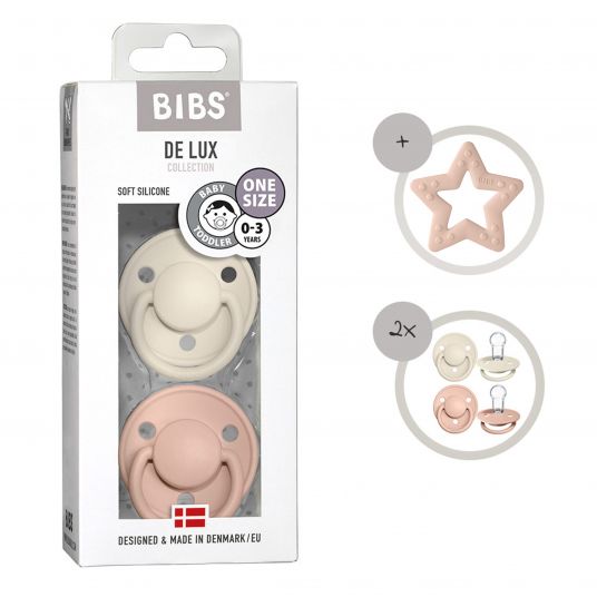 Bibs 3-tlg. Starter-Set - De Lux Schnuller 2er Pack Silikon + Beißring Baby Bitie Star - Ivory / Blush