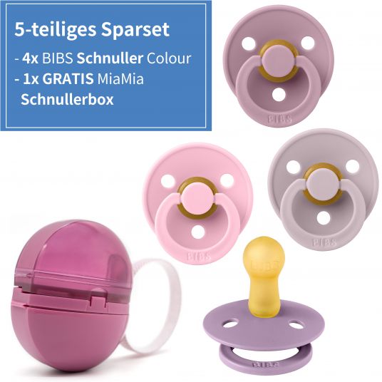 Bibs 5-tlg. Schnuller-Set - 4 Latex-Schnuller Colour 0-6 M + GRATIS Schnullerbox - Baby Pink Lavender Dusty Lilac Heather