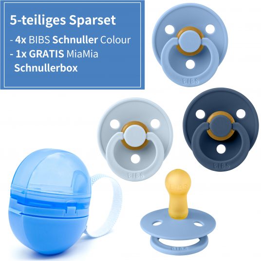 Bibs 5-tlg. Schnuller-Set - 4 Latex-Schnuller Colour 0-6 M + GRATIS Schnullerbox - Sky Blue Baby Blue Steel Blue