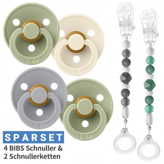 Bibs 6 pcs Pacifier Set - 4 Latex Pacifiers Colour 0-6 M + 2 Silicone Pacifier Chains - Cloud Sage Ivory
