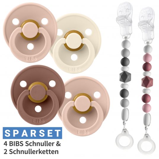 Bibs 6-tlg. Schnuller-Set - 4 Latex-Schnuller Colour 0-6 M + 2 Silikon-Schnullerketten - Woodchuk Blush Ivory