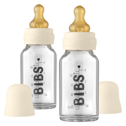 Bibs Glass bottle 2-pack Baby Bottle Complete 110 ml + latex teat - Ivory