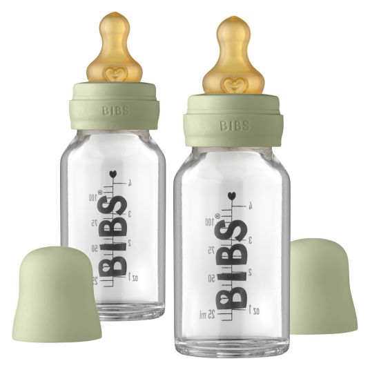 Bibs Glas-Flasche 2er Pack Baby Bottle Complete 110 ml + Latex-Trinksauger - Sage