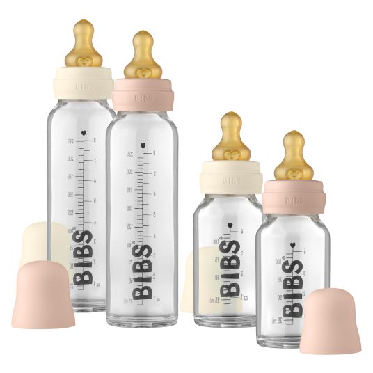 Bibs Glas-Flasche 4er Pack Baby Bottle Complete 110 & 225 ml + Latex-Trinksauger - Ivory / Blush