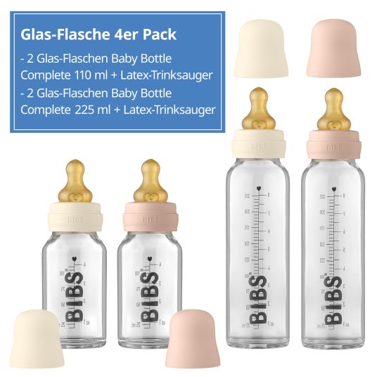 Bibs Glas-Flasche 4er Pack Baby Bottle Complete 110 & 225 ml + Latex-Trinksauger - Ivory / Blush