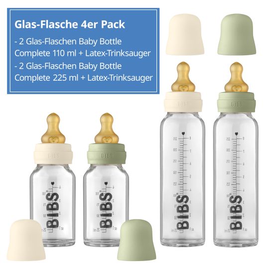 Bibs Glas-Flasche 4er Pack Baby Bottle Complete 110 & 225 ml + Latex-Trinksauger - Ivory / Sage