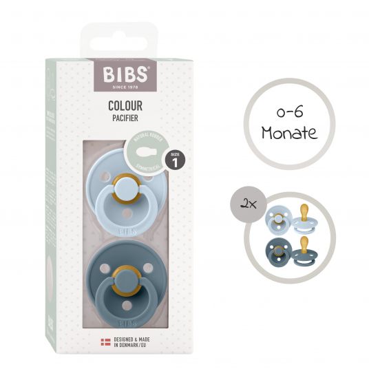 Bibs Pacifier 2 Pack Colour Symmetrical Natural Rubber Teat 0-6 M - Baby Blue / Petrol