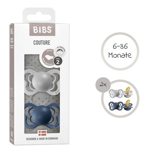 Bibs Pacifiers - Couture 2 Pack - Natural Rubber - Cloud / Steel - Size 6-36 M