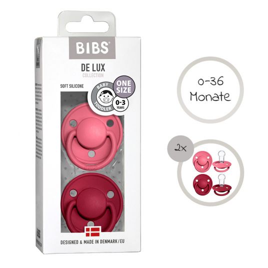 Bibs Pacifier - De Lux 2 Pack - Silicone - Coral / Ruby - Size 0-36 M