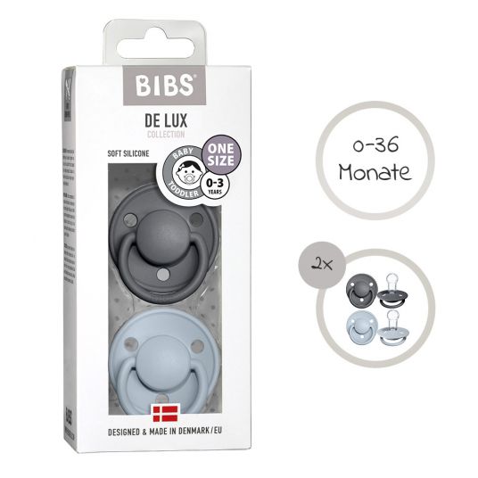 Bibs Pacifier - De Lux 2 Pack - Silicone - Iron / Baby Blue - Size 0-36 M