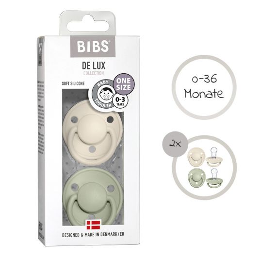Bibs Pacifier - De Lux 2 Pack - Silicone - Ivory / Sage - Size 0-36 M
