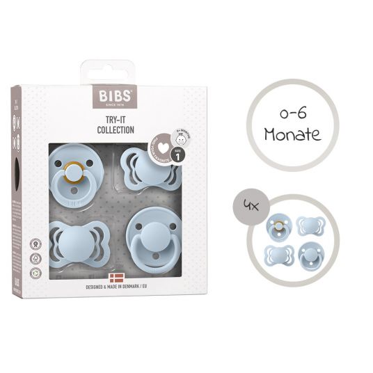 Bibs Pacifier Trial Set - Try-it Collection 4 Pack - Baby Blue - Size 0-6 M