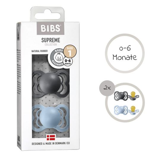 Bibs Pacifiers - Supreme 2 Pack - Natural Rubber - Iron / Baby Blue - Size 0-6 M