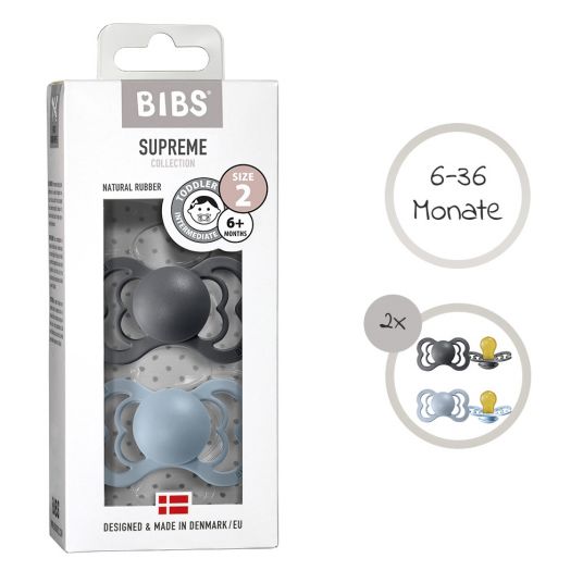 Bibs Pacifiers - Supreme 2 Pack - Natural Rubber - Iron / Baby Blue - Size 6-36 M