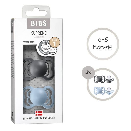 Bibs Pacifiers - Supreme 2 Pack - Silicone - Iron / Baby Blue - Size 0-6 M