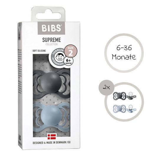 Bibs Pacifiers - Supreme 2 Pack - Silicone - Iron / Baby Blue - Size 6-36 M