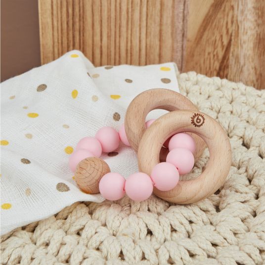Bieco Wooden teething ring with silicone chain - Pink