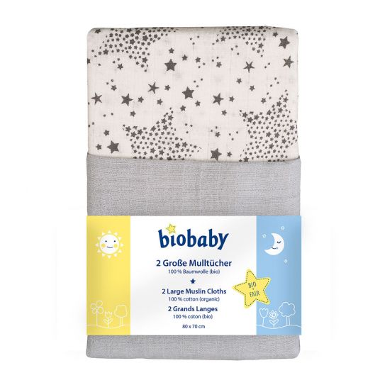 biobaby Gauze cloth 2 pack 70 x 80 cm - Stars - Grey