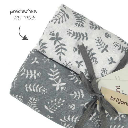 Briljant Baby Einschlag- & Mulltuch / Pucktuch 2er Pack 120 x 120 cm - Botanic - Organic Cotton - Blau-Grau