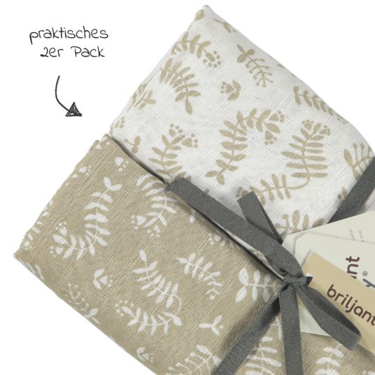 Briljant Baby Einschlag- & Mulltuch / Pucktuch 2er Pack 120 x 120 cm - Botanic - Organic Cotton - Sand