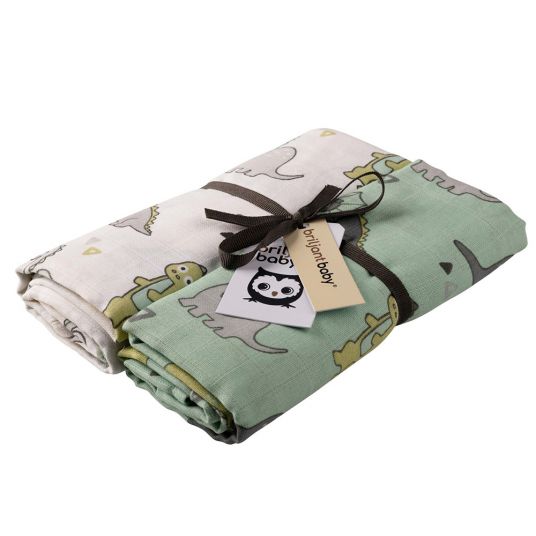 Briljant Baby Wrap & muslin cloth / puck cloth 2pc pack 120 x 120 cm - Dinos - White Mint