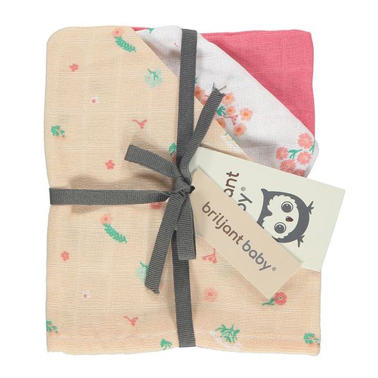 Briljant Baby Mull-Waschhandschuh 3er Pack 17 x 20 cm - Flower - Pink