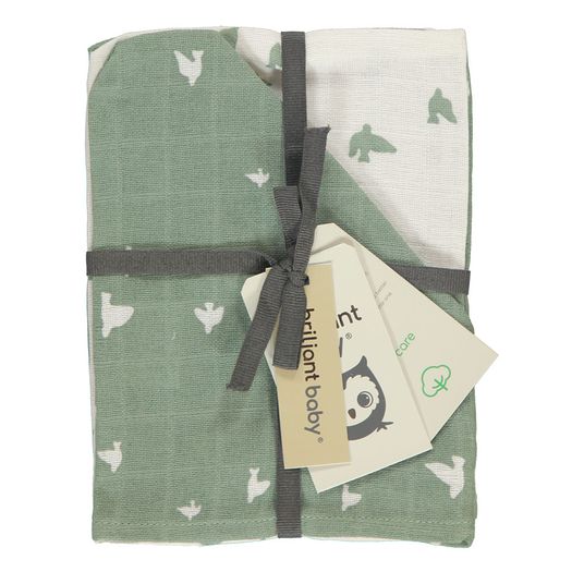 Briljant Baby Guanto di garza per lavaggio 3 confezioni 17 x 20 cm - Cotone organico - Uccelli - Verde Chinois