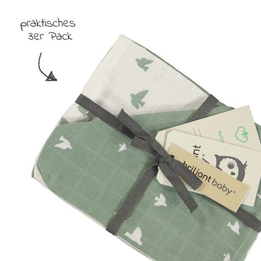 Briljant Baby Gauze wash glove 3 pack 17 x 20 cm - Organic Cotton - Birds - Chinois Green