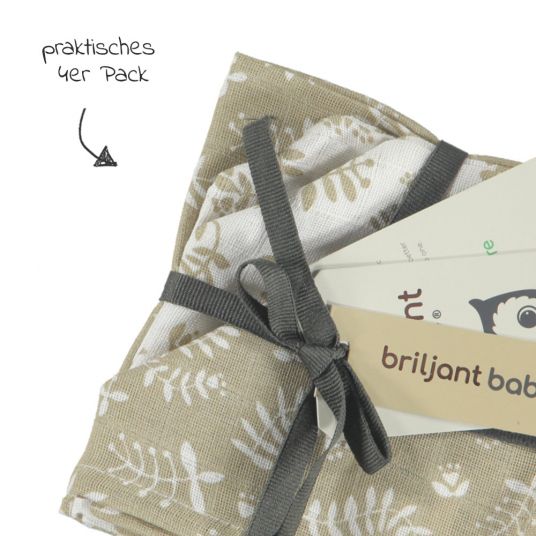 Briljant Baby Mull-Waschlappen / Pflegetuch 4er Pack 30 x 30 cm - Botanic - Organic Cotton - Sand