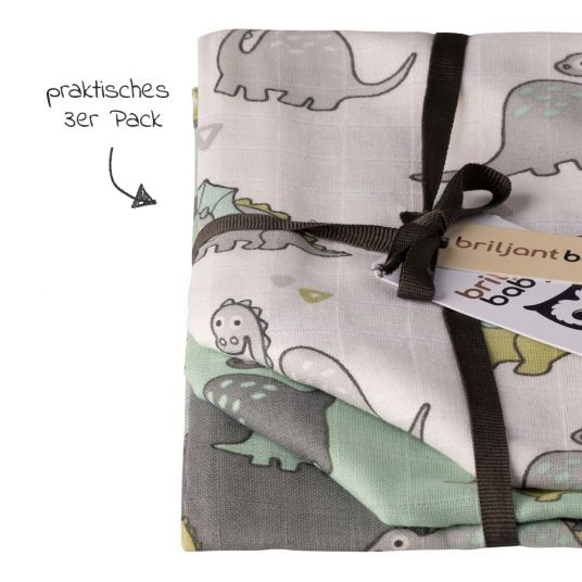 Briljant Baby Gauze diapers 3 pack 70 x 70 cm - Dinos - White Mint