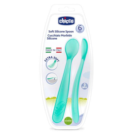 Chicco Silicone Feeding Spoon 2 Pack Long - Light Blue