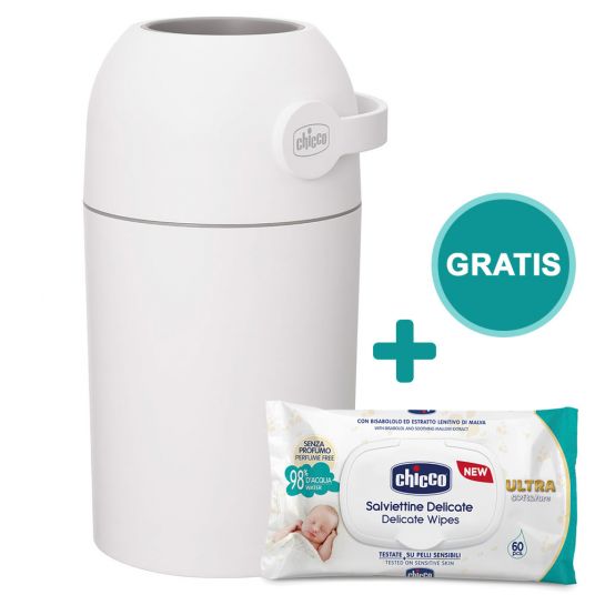 Chicco Diaper pail Odour Off - for conventional garbage bags + free wet wipes 60 pack - White
