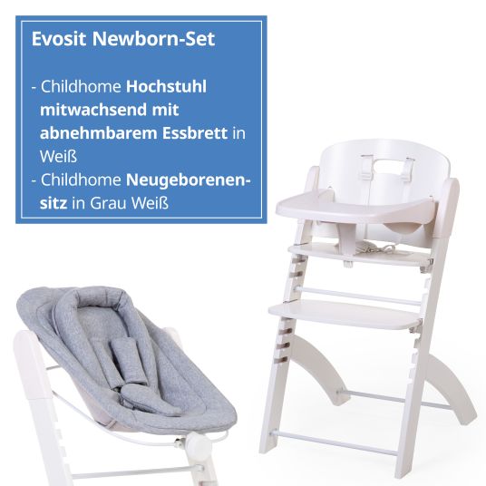 Childhome Evosit Newborn Set - seggiolone per la crescita con tavolo da pranzo rimovibile + attacco per neonato - Bianco