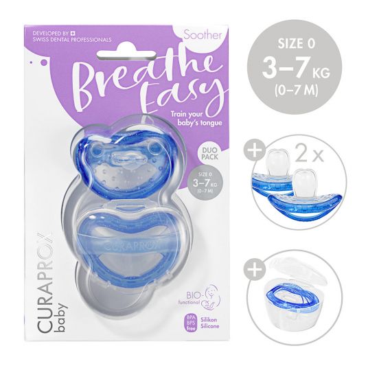 Curaprox Pacifier 2 Pack Biofunktional Duo - Silicone 0-7 M - Blue