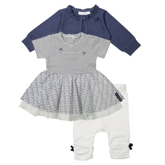 Dirkje 3-piece set dress + bolero + leggings - stripes dots white blue - size 56