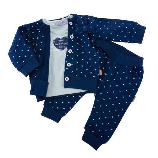 Dirkje 3-piece set long sleeve shirt + pants + jacket - hearts Navy Mint - size 56