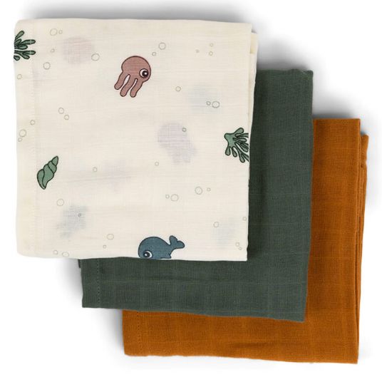 Done by Deer Gauze diaper / muslin cloth / puck cloth - 3 pack - Organic Cotton - 70 x 70 cm - Sea Friends