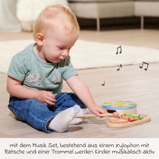 Eichhorn Set musicale da 3 pezzi - tamburo a mano e xilofono con cricchetto