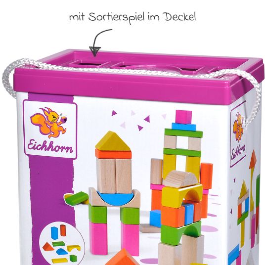 Eichhorn Wooden building blocks 60 pieces - in box with sorting game - Colorful & natural