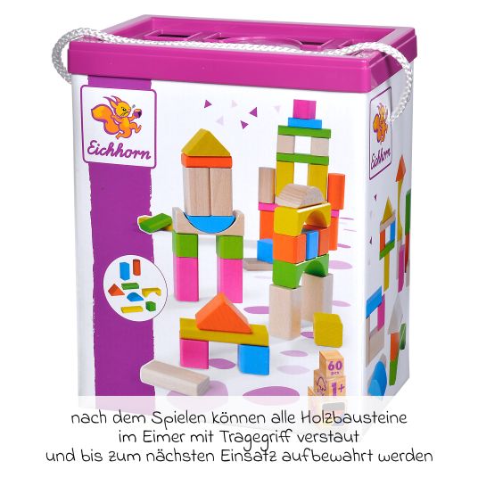 Eichhorn Blocchi da costruzione in legno 60 pezzi - in scatola con gioco di selezione - colorati e naturali
