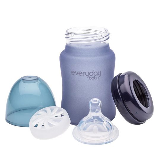 Everyday Baby Glas-Flasche mit Silikonmantel und Wärmesensor 150 ml - Silikon Gr. S - Blueberry
