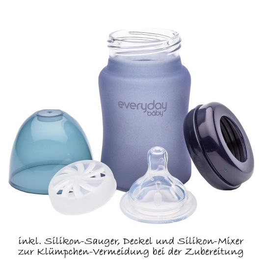 Everyday Baby Glas-Flasche mit Silikonmantel und Wärmesensor 150 ml - Silikon Gr. S - Blueberry