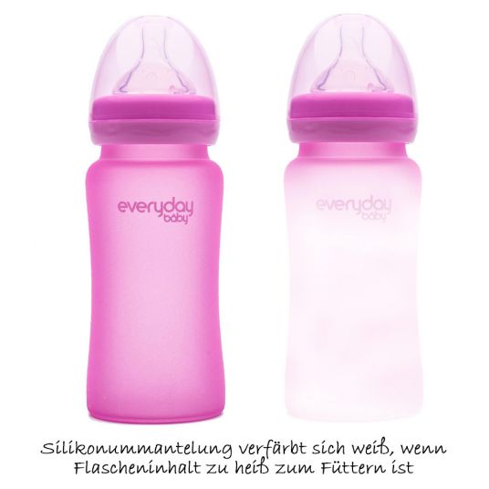 Everyday Baby Bottiglia di vetro con manicotto in silicone e sensore di calore 240 ml - Silicone Taglia M - Rosa