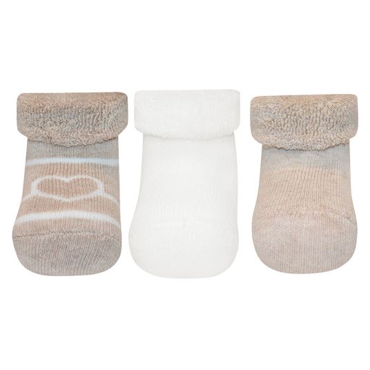 Ewers First Baby Socks 3 Pack - Heart - Beige - Size 0 - 4 months