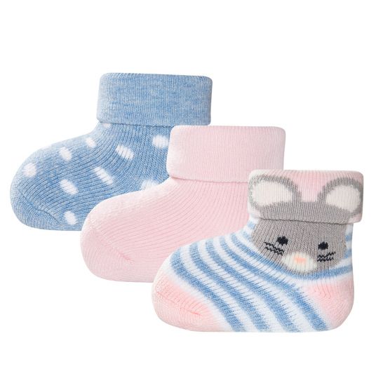 Ewers First Socks 3 Pack - Mouse - Blue Pink - Size 0 - 4 months