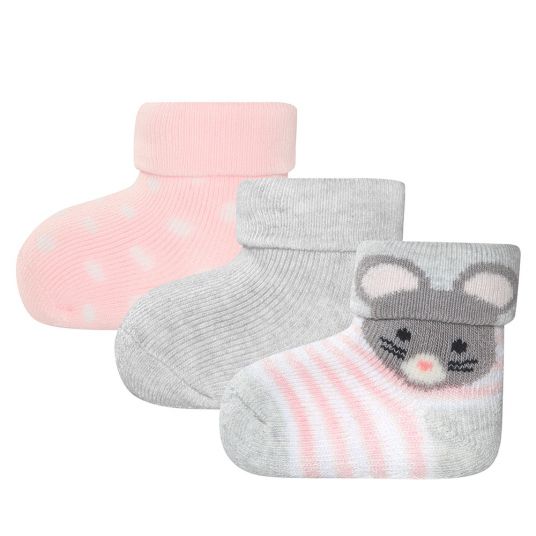 Ewers First Socks 3 Pack - Mouse - Grey Pink - Size 0 - 4 months