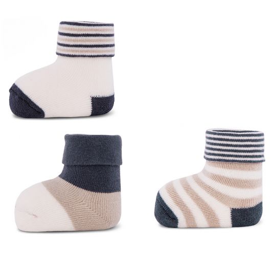 Ewers First Baby Socks 3 Pack - Stripes - Dark Blue Offwhite Beige - Sizes 0 - 4 Months